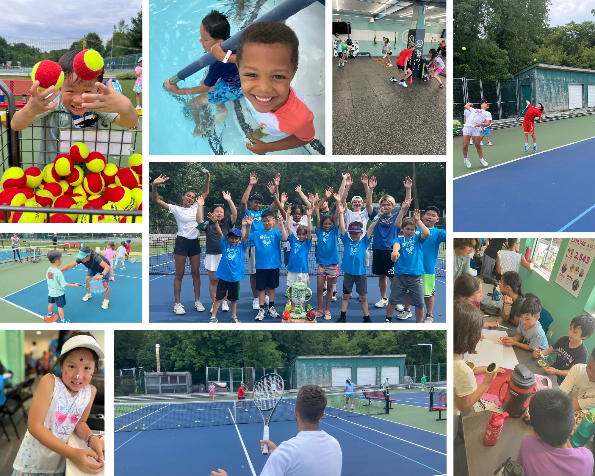 Collage von Kindern bei der Sommer-Tennisakademie, die Tennis spielen und schwimmen, Aktivitäten und Mahlzeiten genießen. Zeigt Gruppenfotos auf den Plätzen von Alley Pond und lebendige Szenen vom Schwimmbad.