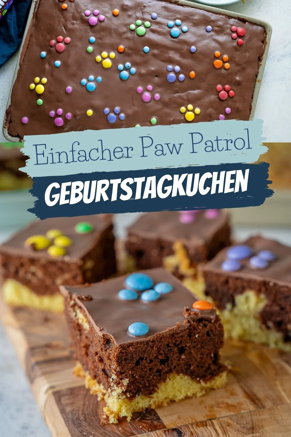 Der perfekte Kuchen zum Paw Patrol Kindergeburtstag - Marmorkuchen vom Blech mit Paw Patrol Hundepfoten aus Smarties. Lecker & super einfach