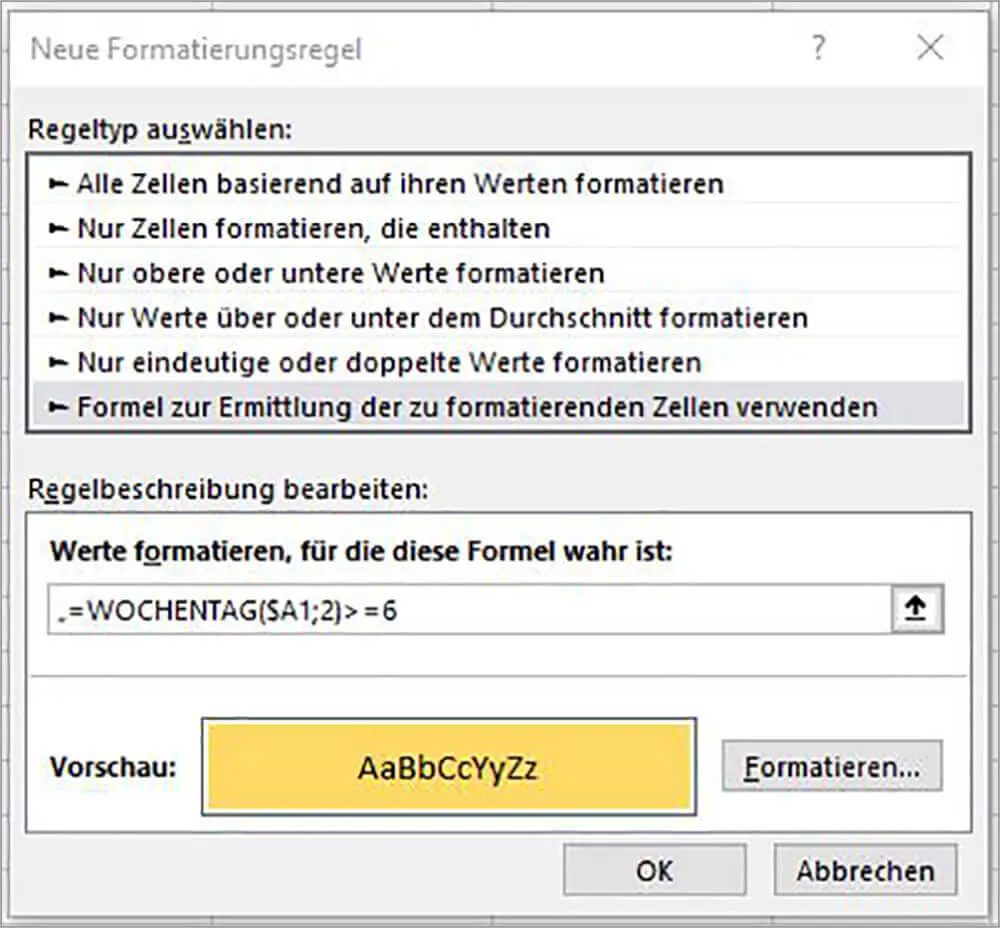 Dialogfenster Zellen Formatieren mit Farbauswahl