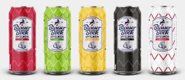 Die verschiedenen Blauer Bock Apfelwein Variationen in Dosen.