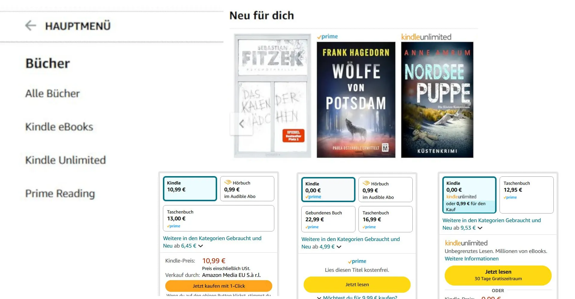 Eine Sammlung verschiedener Menüs und E-Book-Preisen aus dem Amazon-Shop.