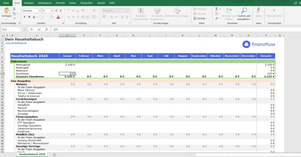 Einnahmen und Ausgaben in der Excel-Vorlage