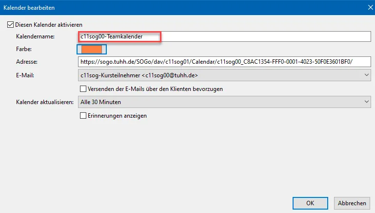 Einstellungen für den abonnierten Kalender