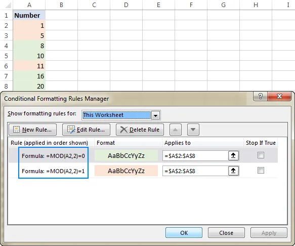 Hervorheben von geraden und ungeraden Zahlen in Excel