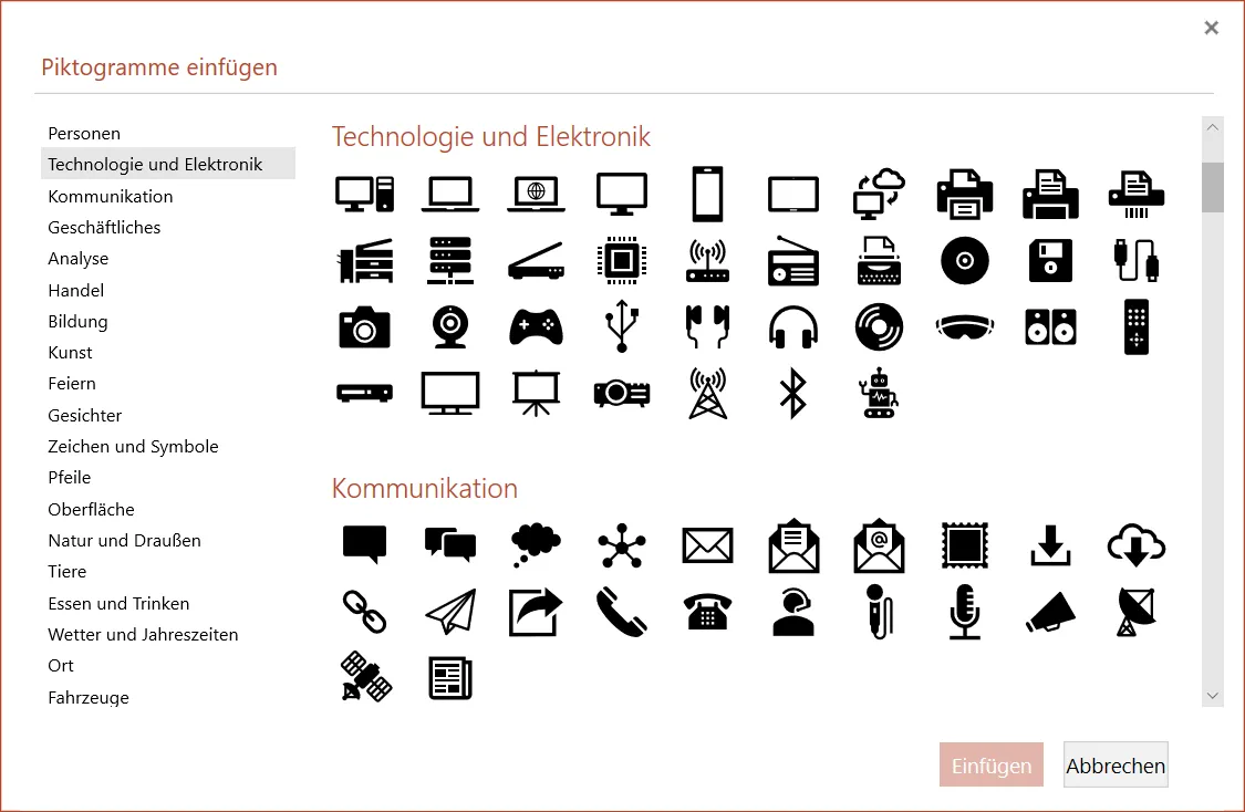 In PowerPoint 2019 und PowerPoint Online sind die neuen Piktogramme und Rubriken noch nicht angekommen
