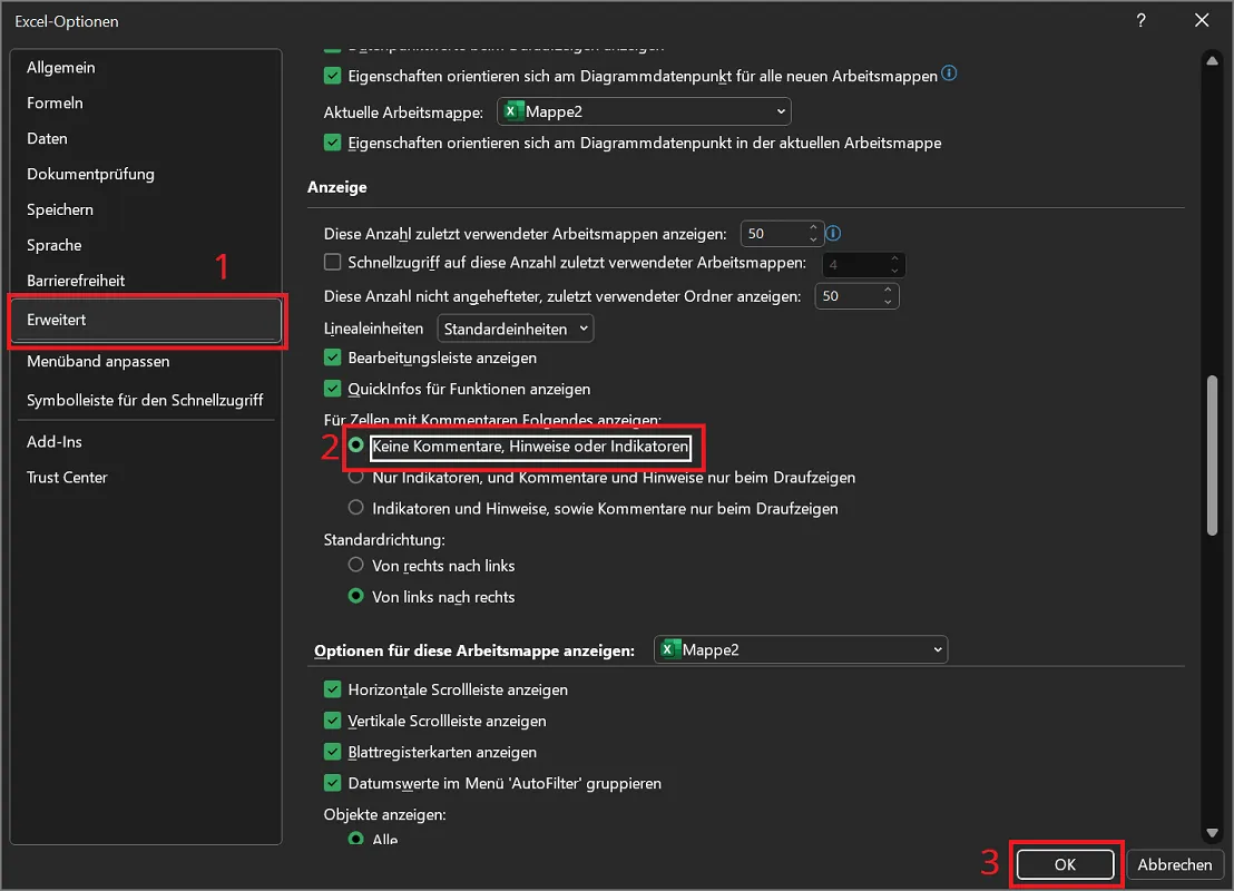 Indikatoren der Kommentare in Excel ausblenden