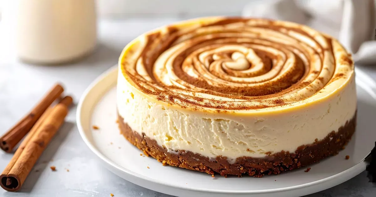 Kalorienarmer Zimtschnecken-Käsekuchen mit Zimt-Swirl auf weißem Teller