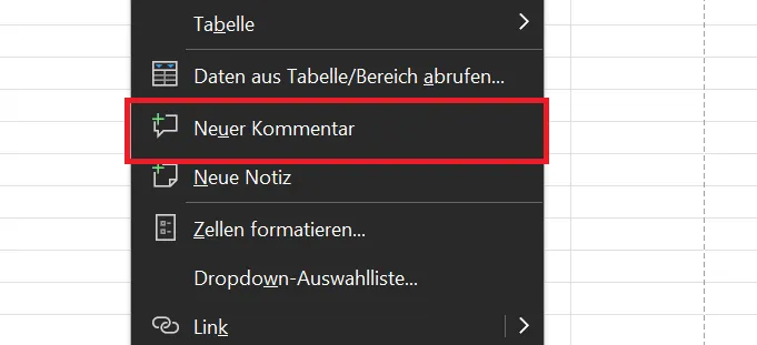 Kommentar in Excel über das Kontextmenü einfügen