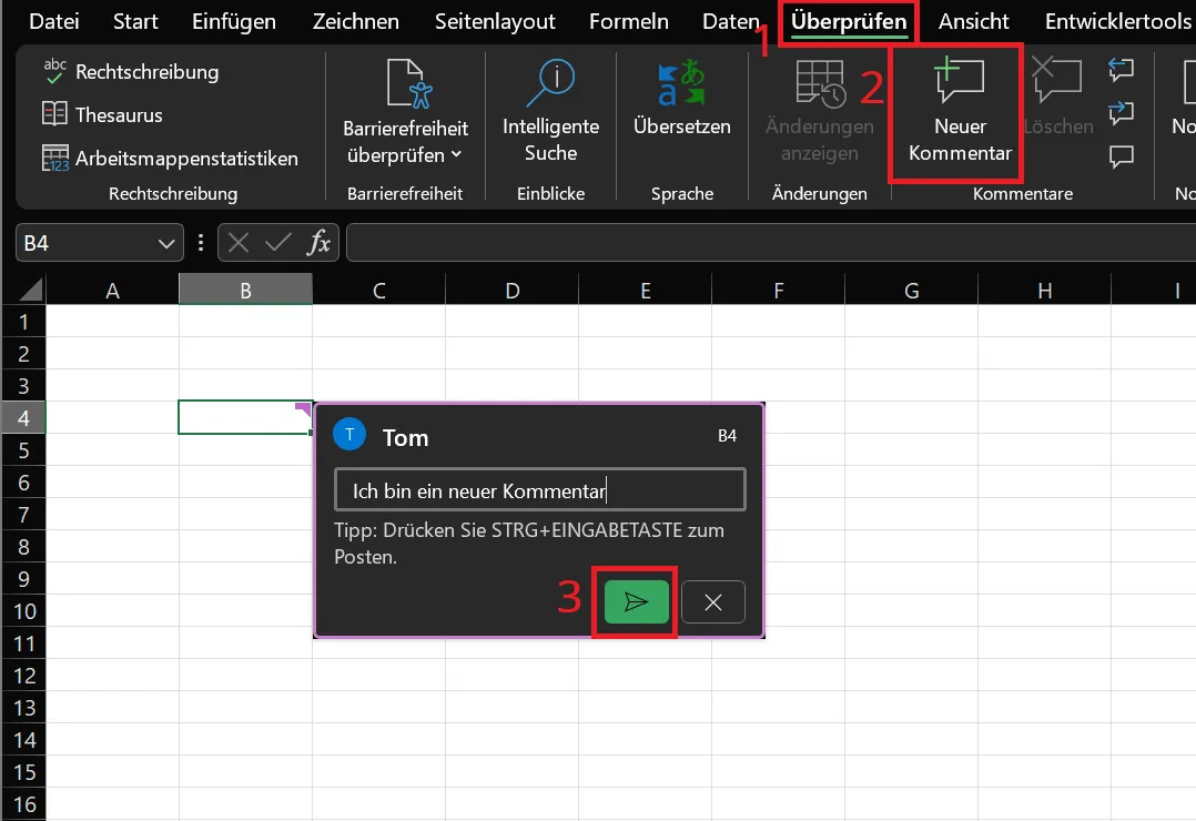 Kommentar in Excel über die Menüleiste einfügen