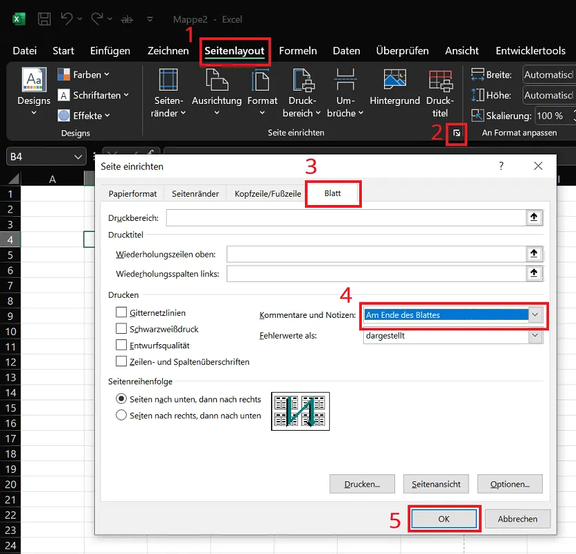 Kommentare in Excel drucken