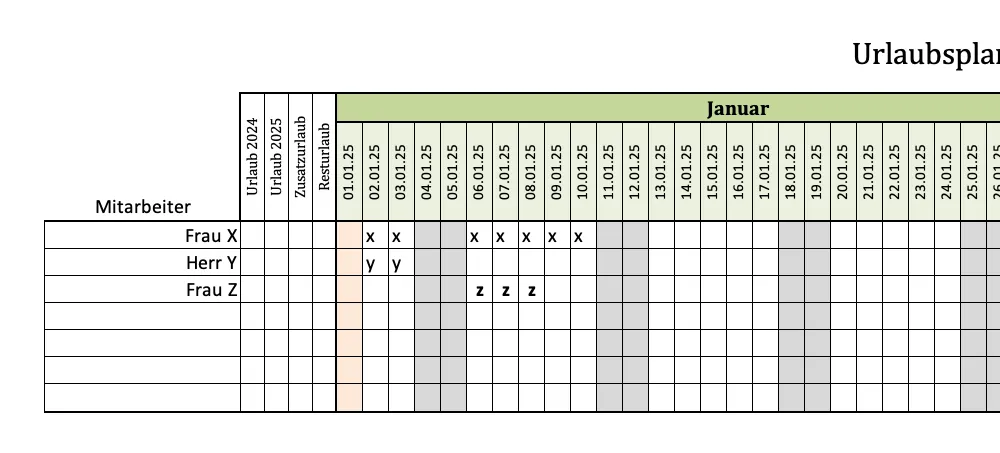 Mitarbeiter und deren Urlaubstage mit Symbolen eintragen