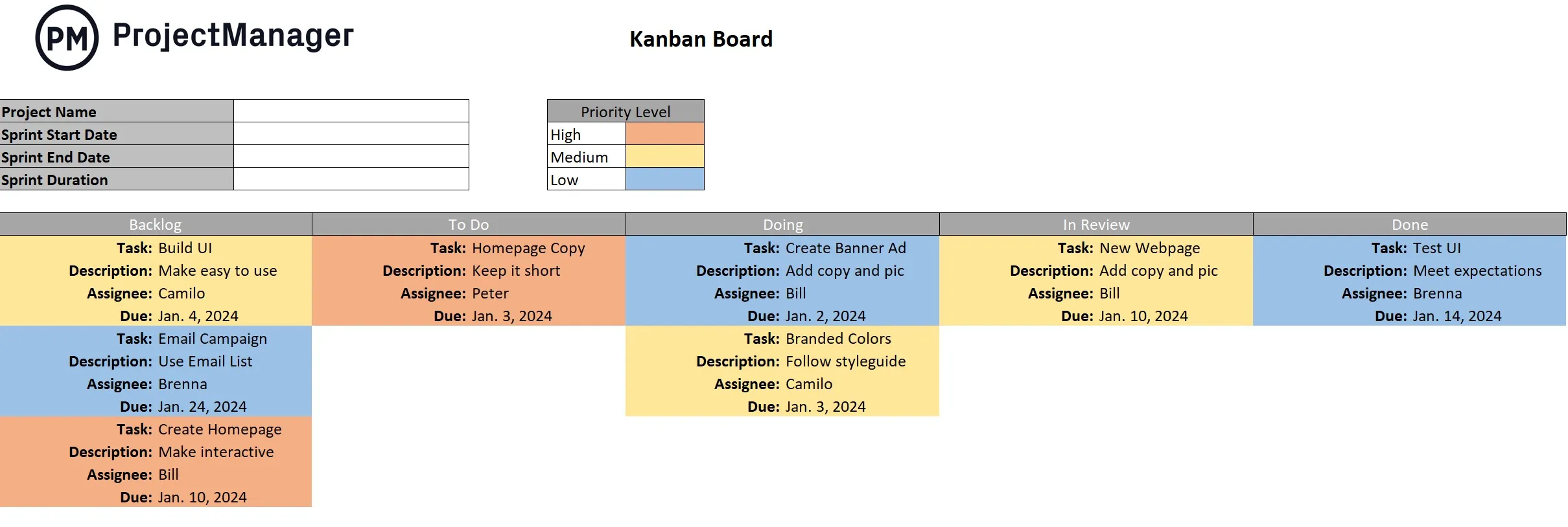 ProjectManager Kanban Board Vorlage für Excel