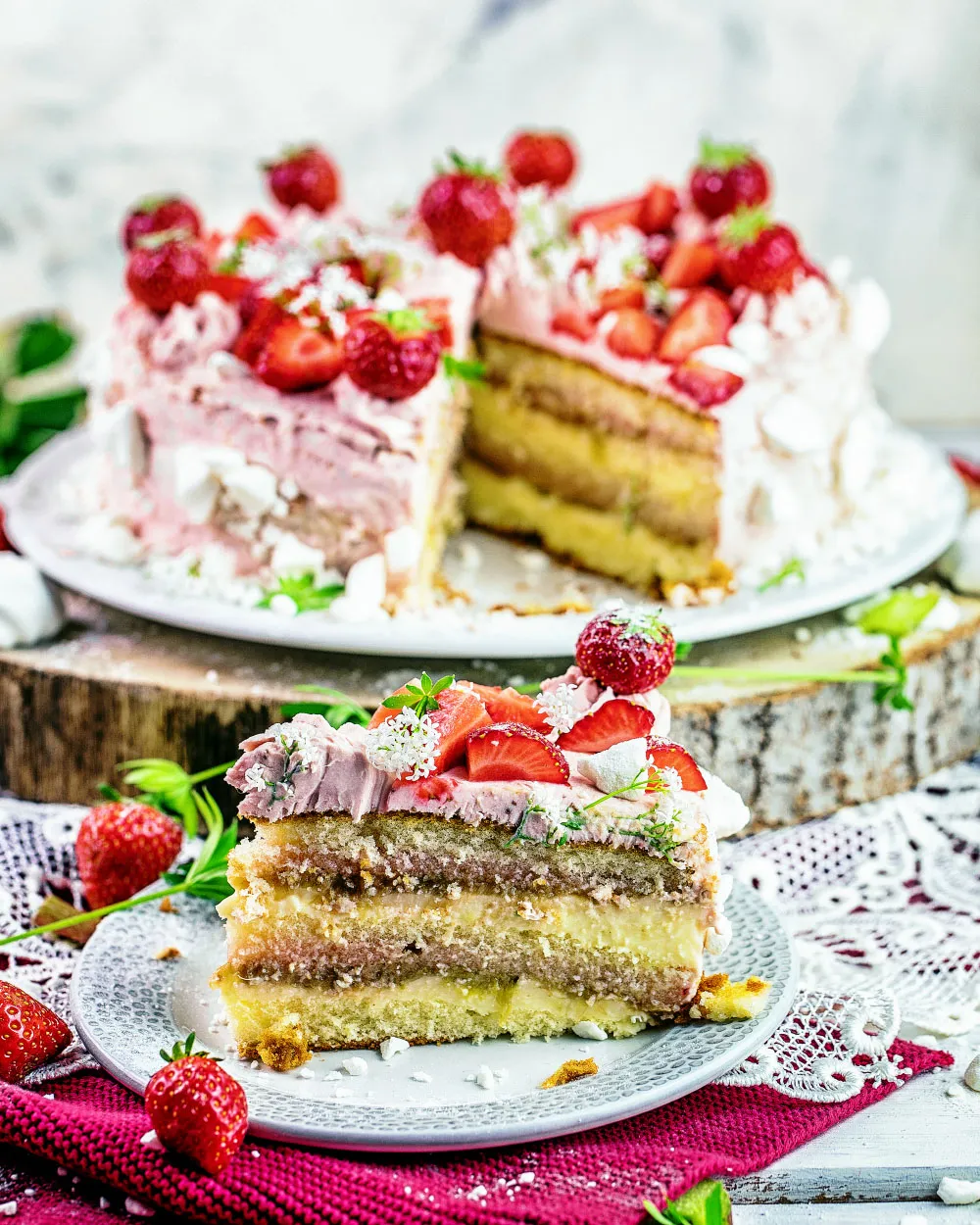 Rharbarber-Erdbeer Torte -Pudding-Torte- einfaches Rezept mit fertigen Böden