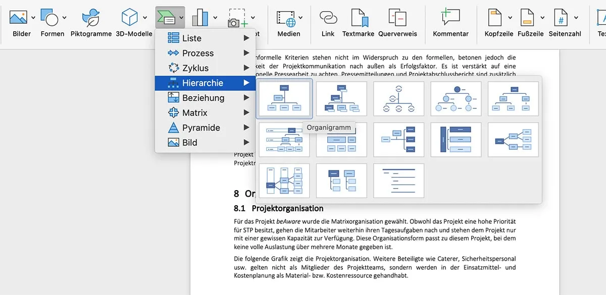 SmartArt für ein Organigramm in Word