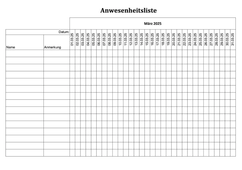 Anwesenheitsliste 2025 mit Excel