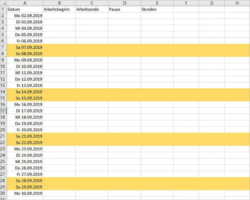 Arbeitszeittabelle mit farblich hervorgehobenen Wochenenden