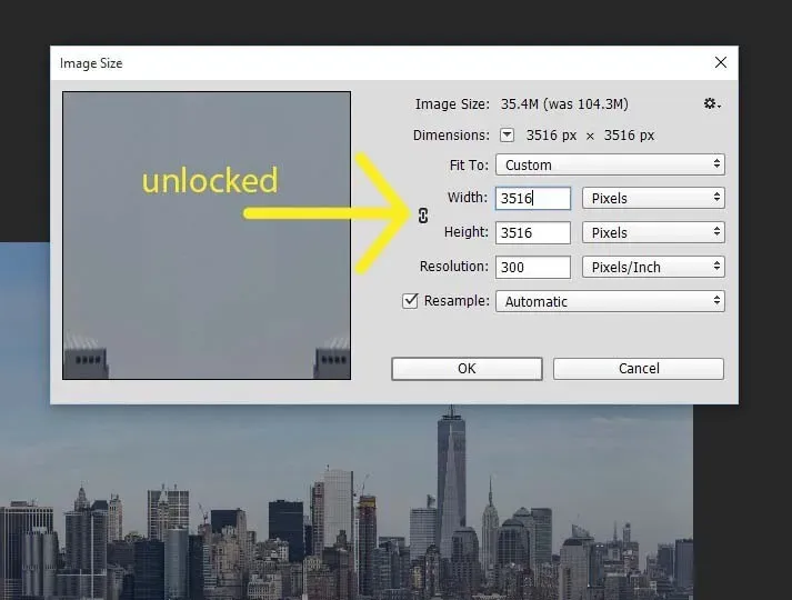 Auf das Schloss klicken, um das Bild zu entsperren und Breite gleich Höhe zu machen.