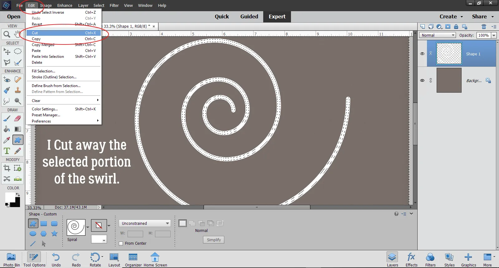 Ausschneiden eines Teils des Wirbels