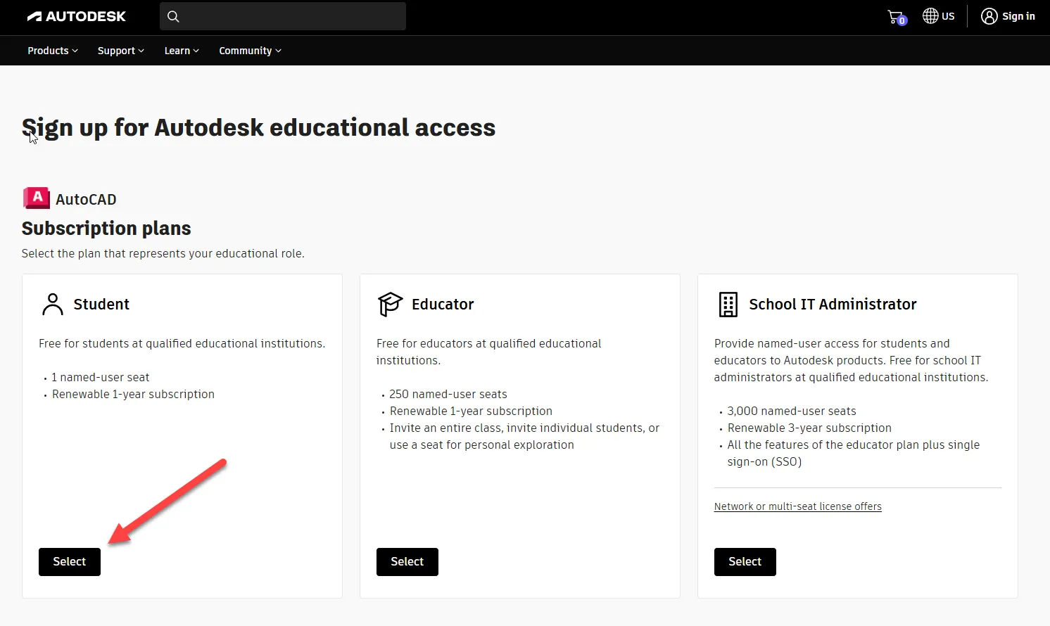 Auswahl der Bildungsrolle bei Autodesk - Student, Educator