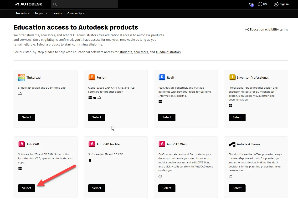 Auswahl des Programms AutoCAD kostenlos für Studenten, Versionen 2024 und 2025, Bildungslizenzen