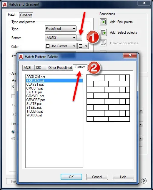 Benutzerdefinierte Schraffuren angezeigt