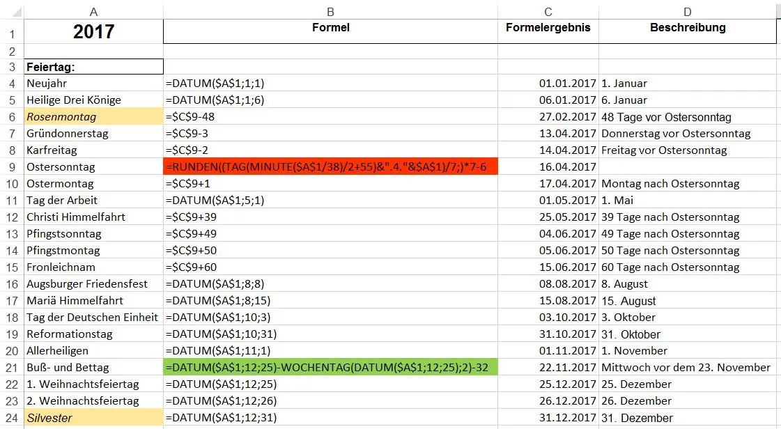 Berechnung von Feiertagen in Excel