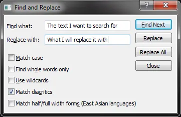 Dialogfeld Suchen und Ersetzen
