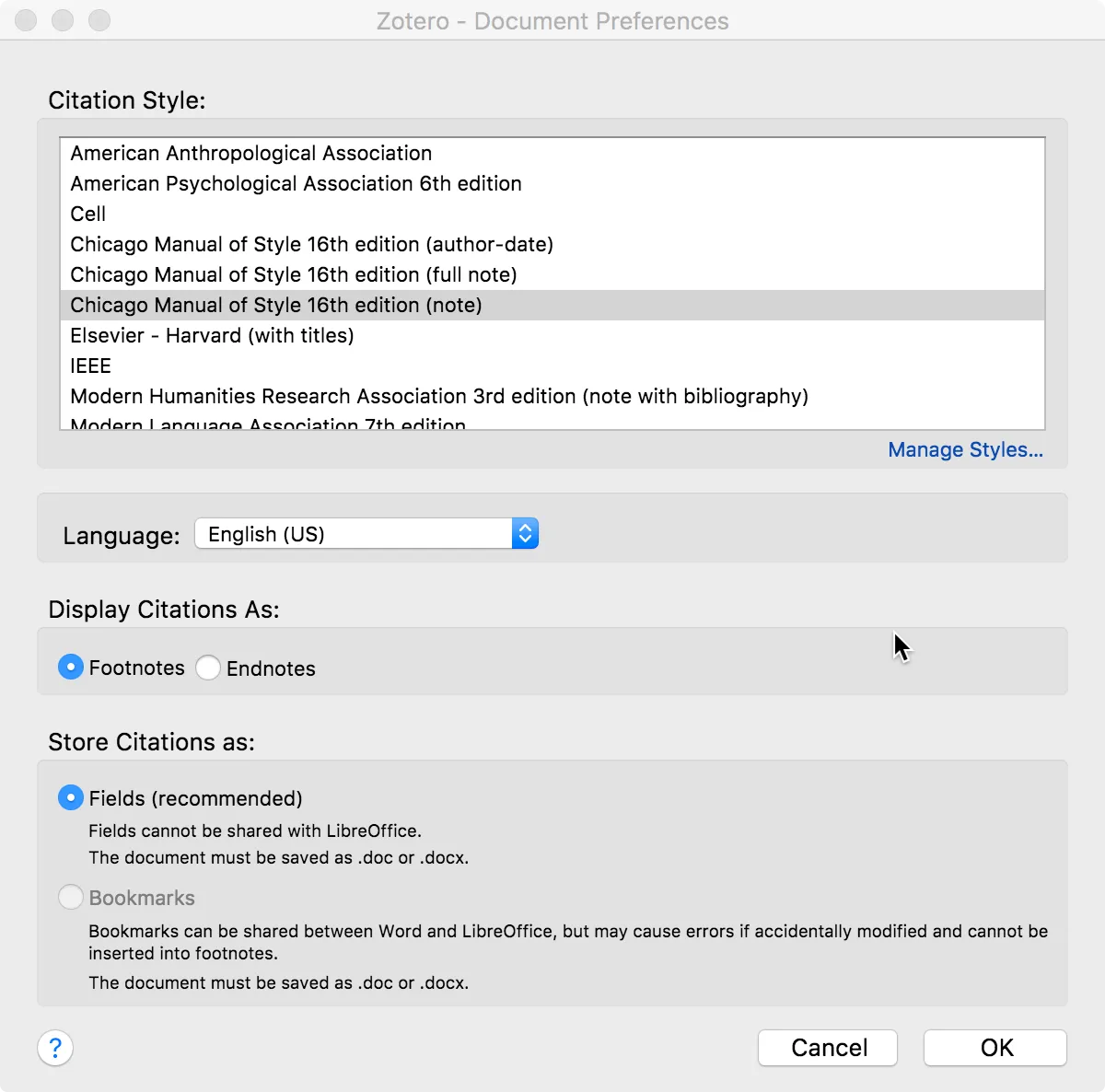 Dokumenteinstellungen des Zotero Plugins