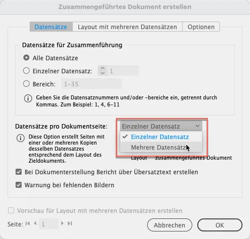 Ein deutsches Dialogfeld zum Erstellen von InDesign-Serienbriefdokumenten. Zur Auswahl stehen die Auswahl aller Datensätze, eines einzelnen Datensatzes oder mehrerer Datensätze. Ein Dropdown-Menü zeigt „Einzelner Datensatz“ und „Mehrere Datensätze“. Schaltflächen zum Bestätigen und Abbrechen befinden sich unten.