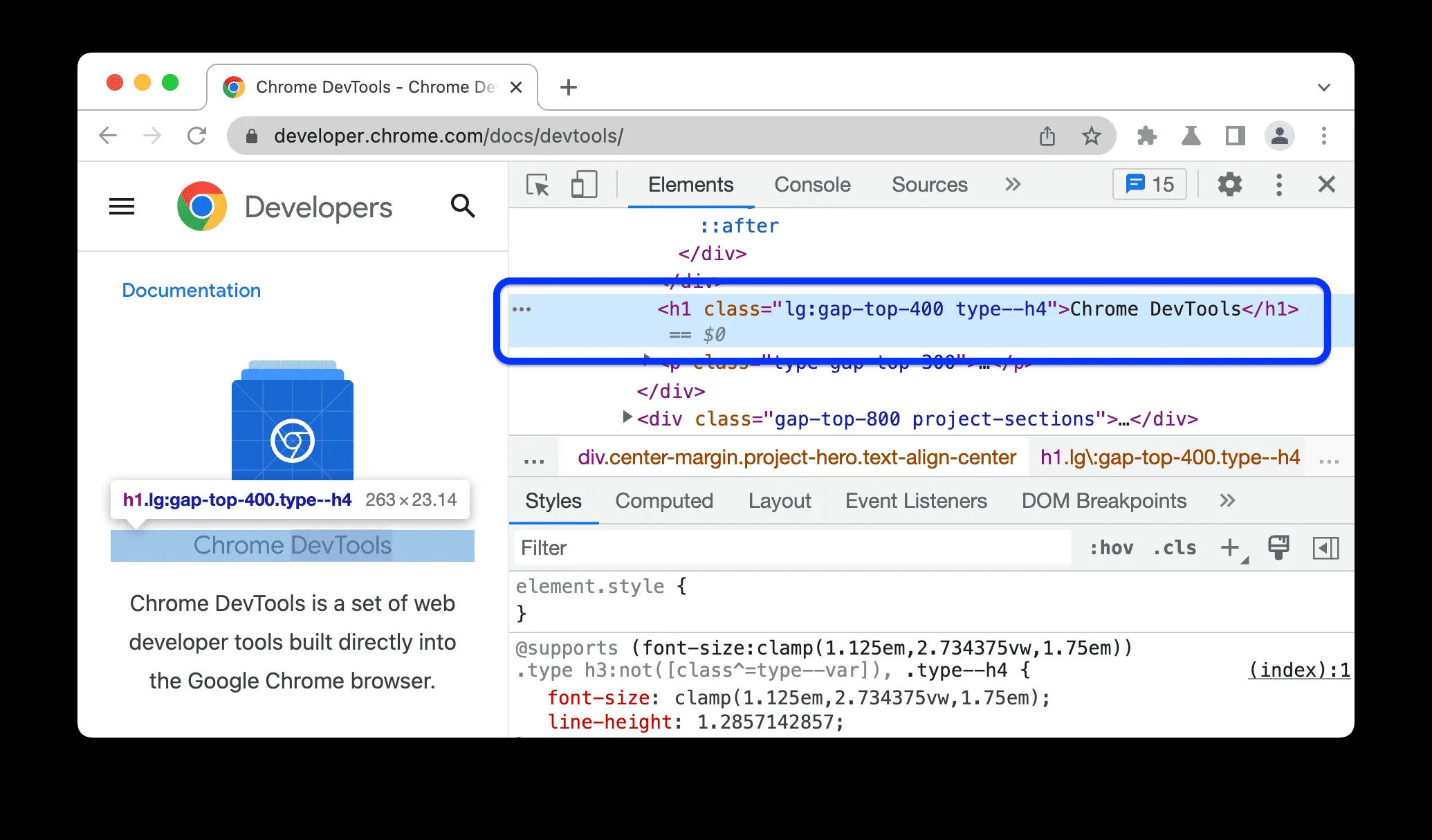 Ein Element, das im Elemente-Panel ausgewählt ist und dessen CSS-Stile angezeigt werden.