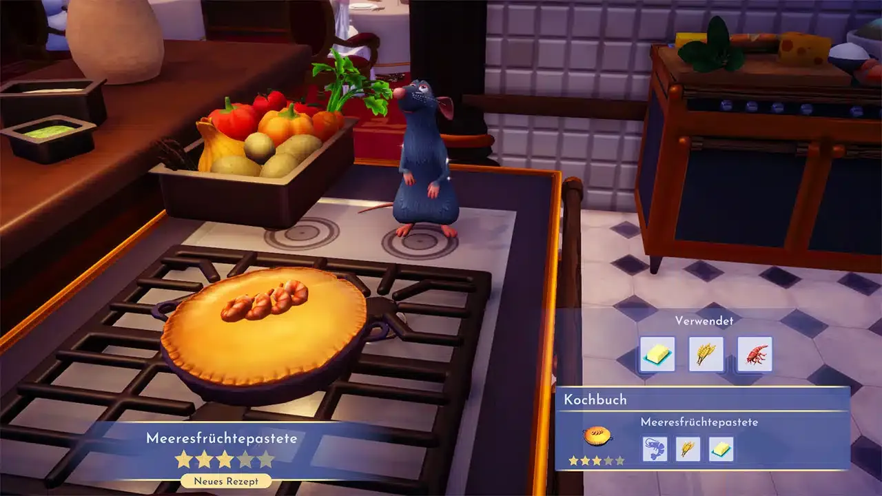 Eine Auswahl an Meeresfrüchten, die in Disney Dreamlight Valley gefunden werden können, darunter Austern, Muscheln und Garnelen.