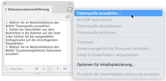 Eine deutsche Oberfläche zeigt ein Datenzusammenführungstool, das an InDesign Serienbrief erinnert. In einer Seitenleiste werden Anweisungen zur Auswahl von Datenquellen angezeigt. Das Hauptmenü listet Optionen wie „Datenquelle auswählen“ auf, auf die ein Cursor zeigt.