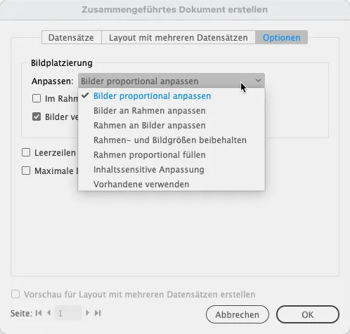 Eine deutsche Softwareoberfläche, die InDesign Serienbrief ähnelt, zeigt Optionen für die Bildplatzierung an. Das Dropdown-Menü mit dem Titel „Anpassen“ bietet Auswahlmöglichkeiten wie „Bilder proportional anpassen“ und „Inhaltsensitive Anpassung“ sowie Schaltflächen wie „OK“ und „Abbrechen“.