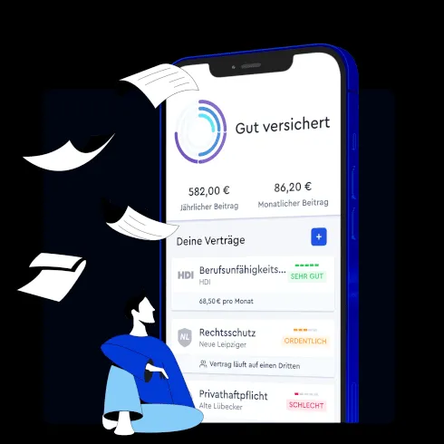 Eine Frau nutzt eine App auf ihrem Smartphone zur Verwaltung von Versicherungen.