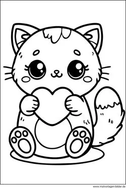 Eine Katze hält ein Herz in ihren Pfoten, bereit zum Ausmalen.