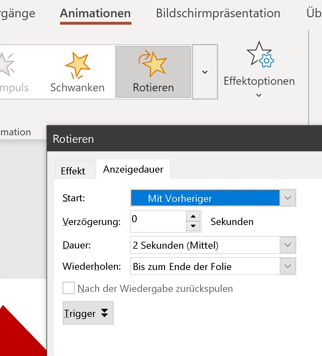 Einstellungen der Animation fürs Glücksrad in PowerPoint