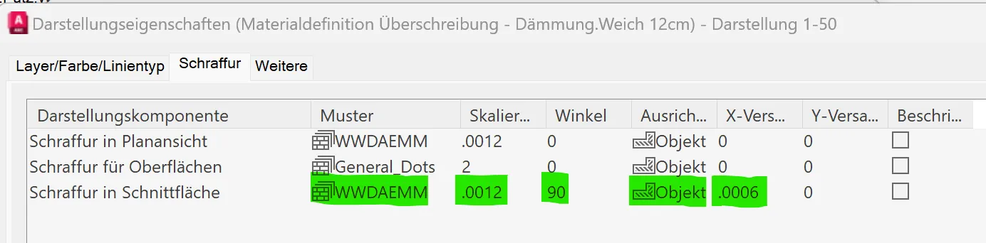 Einstellungen für die Schraffur in der Schnittansicht