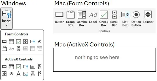 Entwicklertools in Excel für Windows im Vergleich zu Mac