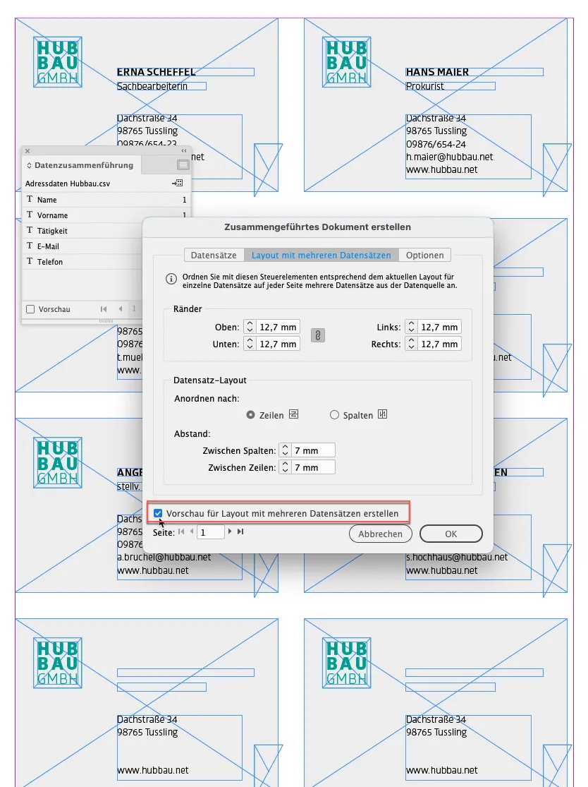 Es öffnet sich eine deutschsprachige Softwareoberfläche zur Erstellung eines kombinierten Dokuments, die an InDesign Serienbrief erinnert. Sie beinhaltet Optionen für Ränder und Layoutdaten. Im Hintergrund sind sechs Formularvorlagen mit Platzhaltern für Namen, Adressen und Kontaktdaten der „HUBAU GmbH“ zu sehen.