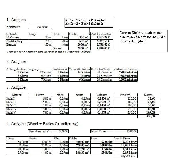 Excel Übung zu Benutzerdefiniertes Format und Rechnen