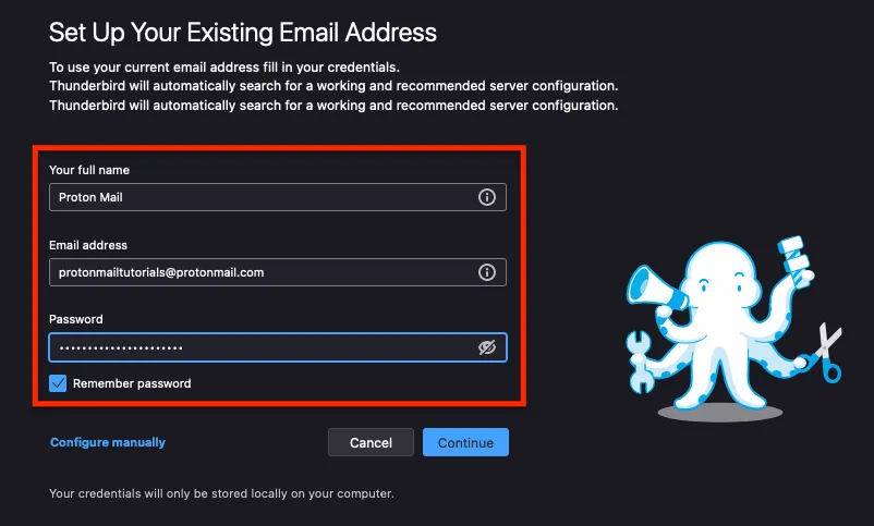Felder zur Eingabe von Name, E-Mail-Adresse und Passwort in Thunderbird