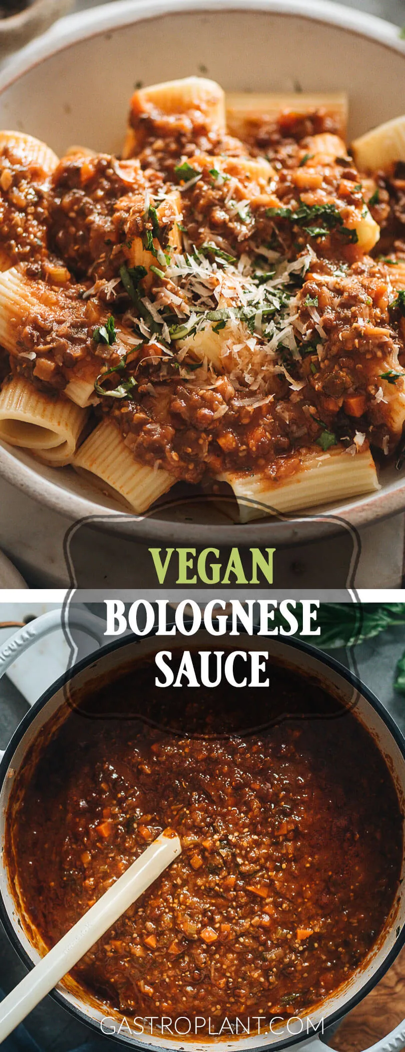 Gesunde, herzhafte vegane Bolognese-Sauce Collage