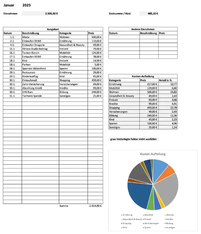 Haushaltsbuch - Screenshot für den Monat Januar (Excel-Vorlage)