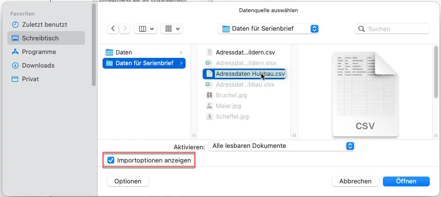 Im Dateiauswahldialog auf dem Computerbildschirm wird eine CSV-Datei mit dem Titel „Adressdaten_Hubigau.csv“ hervorgehoben, die sich perfekt für Ihr InDesign-Serienbriefprojekt eignet. Mit Seitenleistenoptionen, Dokumentvorschauen und einer sichtbaren Schaltfläche „Öffnen“ ist „Importoptionen anzeigen“ ganz unten bequem aktiviert.