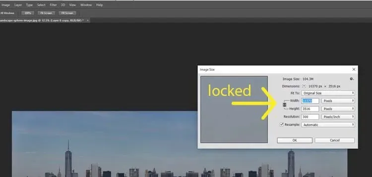 Im Fenster "Bildgröße" sind Höhe und Breite gesperrt.