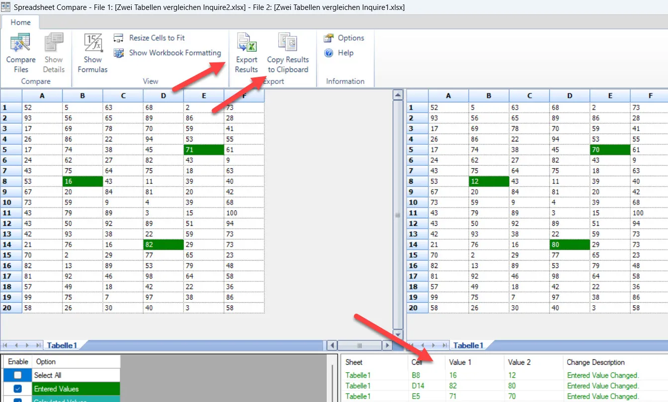Inquire-Editor zeigt Unterschiede zwischen Excel-Dateien