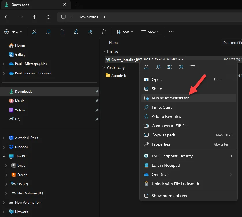 Installation von Revit 2024 und 2025 – Revit-Downloader als Admin ausführen