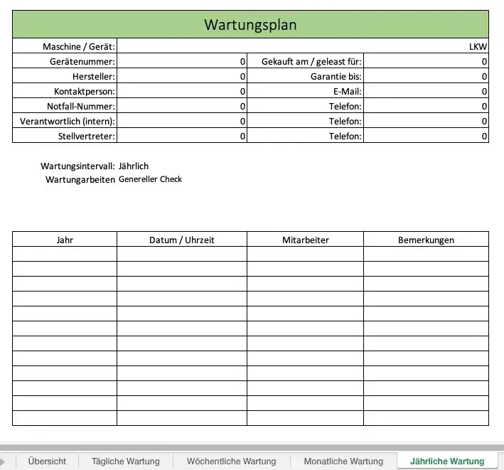 Jährlicher Excel Wartungsplan