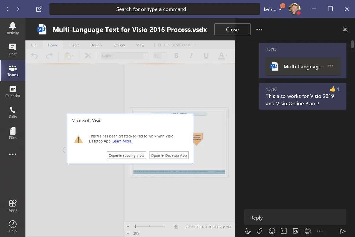 Komplexe Visio-Dokumente können nicht direkt in Teams bearbeitet werden
