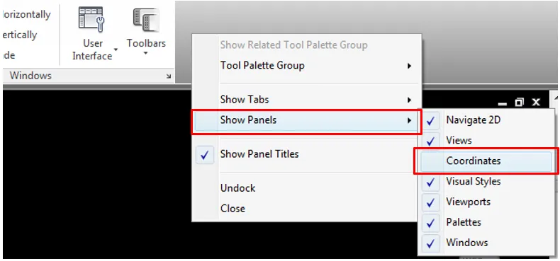 Koordinaten Panel in AutoCAD
